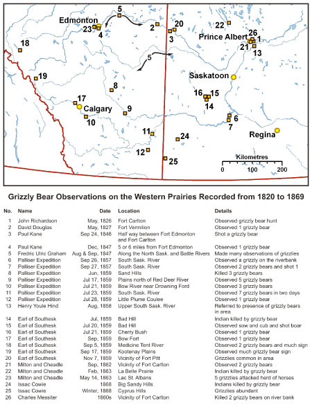 Figure 3. Recorded observations of grizzly bears in Alberta and Saskatchewan during 1820-1869 
