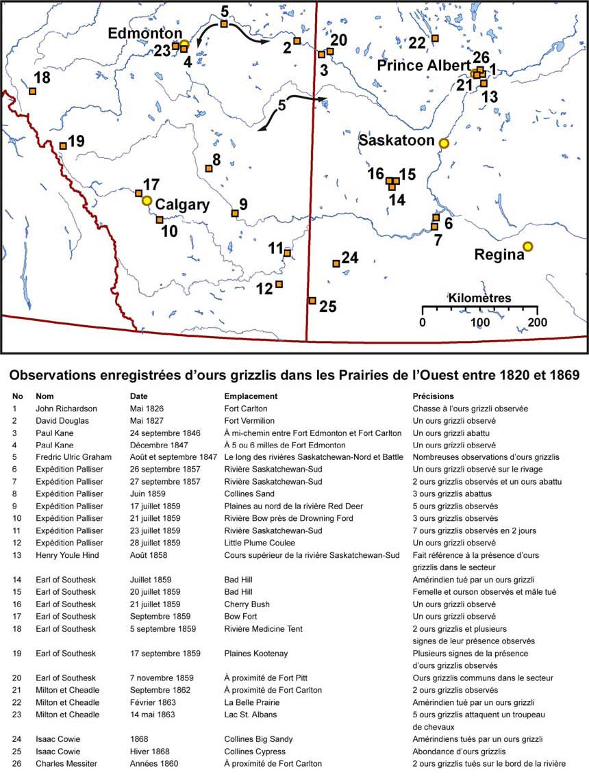 Figure 3. Observations enregistrées d’ours grizzlis en Alberta et en Saskatchewan entre 1820 et 1869 