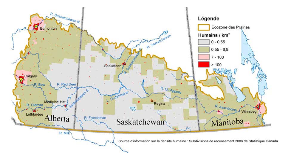 Figure 5. Densité humaine par subdivision de recensement pour l’écozone des Prairies 