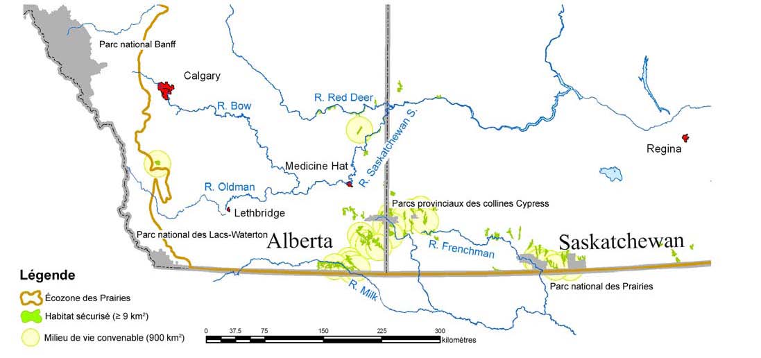 Figure 6. Carte de l’habitat sécurisé et des milieux de vie convenables dans l’écozone des Prairies. 